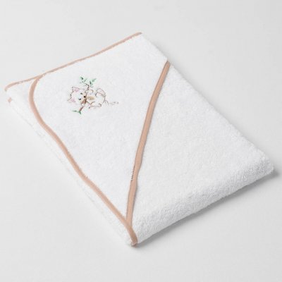 Veba LOTA osuška s kapucí bílá s výšivkou Kočička na větvi béžová lemovka 75x75 cm – Hledejceny.cz