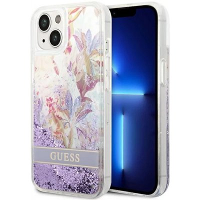 Pouzdro Guess iPhone 14 Plus Flower Liquid Glitter fialové