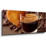 Obraz 1D panorama - 120 x 50 cm - Espresso coffee with cake on brown background Espresso káva s koláčem na hnědém pozadí – Zboží Mobilmania