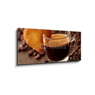 Obraz 1D panorama - 120 x 50 cm - Espresso coffee with cake on brown background Espresso káva s koláčem na hnědém pozadí – Zboží Mobilmania