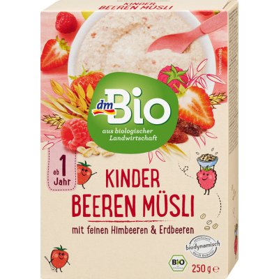 dmBio dětské müsli s malinovými vločkami a kousky jahod 250 g – Sleviste.cz