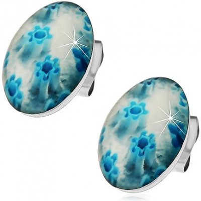 Šperky eshop ocelové náušnice světle modrý ovál s květy puzetové náušnice X03.18