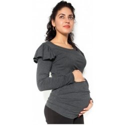 Be MaaMaa těhotenské triko dlouhý rukáv Fanny s volánkem tmavě šedá