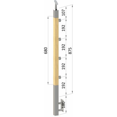 dřevěný sloup, boční kotvení, 4 řadový, průchozí, vnitřní, vrch nastavitelný (40x40mm), materiál: buk, broušený povrch s nátěrem BORI (bezbarvý) – Zboží Mobilmania