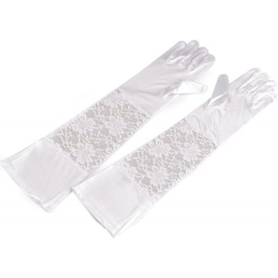 Dlouhé společenské rukavice saténové s krajkou 2 bílá – Zboží Dáma