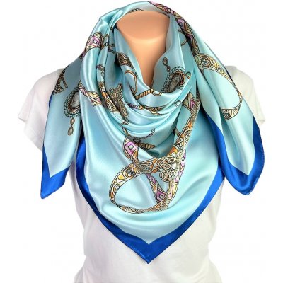 Classic Scarf modrý tyrkysový viskózový dámský šátek na krk s ornamenty růžice – Hledejceny.cz