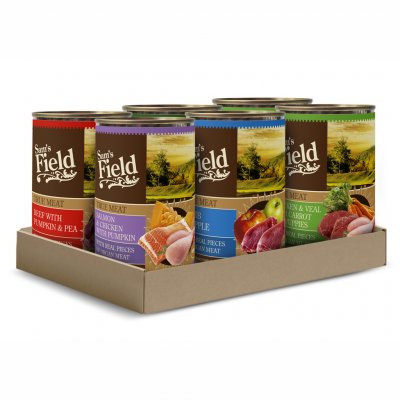 Sam's Field True Meat Mix hovězí s dýní a hrachem kuřecí s mrkví jehněčí s jablky losos s dýní kuřecí a telecí s mrkví 6 x 400 g – Sleviste.cz