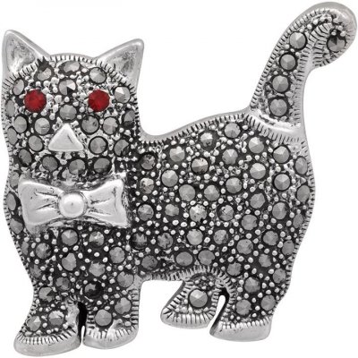 BOB Silver brož stříbrná kočka osazená markazity