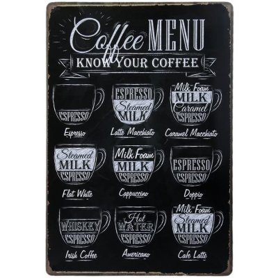 Plechová retro cedule / plakát - Coffee Menu Provedení:: Plechová cedule A4 cca 30 x 20 cm – Sleviste.cz