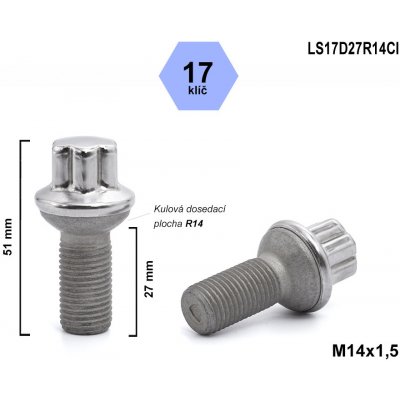 Kolový šroub M14x1,5x27 koule R14, Mercedes, klíč 17, LS17D27R14CI, výška 51 – Hledejceny.cz