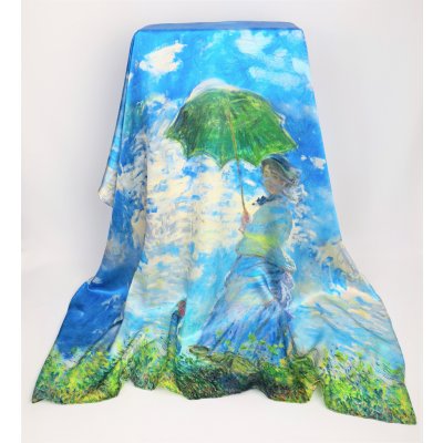 Dáma se slunečníkem a syn Claude Monet dámský hedvábný šátek šála čtvercový modrá zelená – Zboží Mobilmania