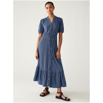 Marks & Spencer dámské vzorované košilové midi šaty s páskem tmavě modré