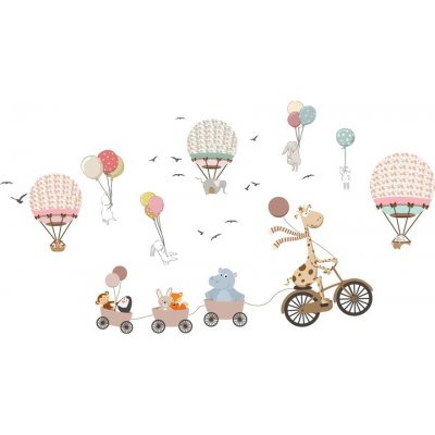 Ambiance Dětská nástěnná samolepka Animals and Hot Air Balloons in the Clouds, 90 x 60 cm