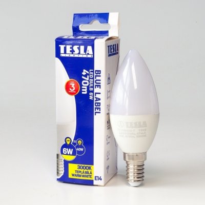 Tesla LED žárovka CANDLE svíčka, E14, 6W, 230V, 470lm, 25 000h, 3000K teplá bílá, 180°