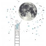 INSPIO Samolepka na zeď - Měsíc a chlapec v modré barvě, velké samolepky hvězdy a oblaka, akvarelové samolepky modrá, šedá, plnobarevný motiv rozměry 220x90