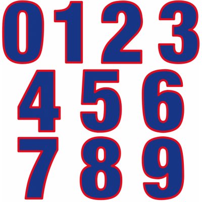 Nažehlovací čísla potisk DTF - JEDNOTLIVĚ - barva modrá s červeným lemováním – Zboží Dáma