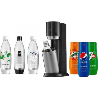 SodaStream DUO Black + láhve FUSE 3 x 1l + Sirup Pepsi 440 ml + Sirup Mirinda 440 ml + Sirup 7UP 440 ml – Zbozi.Blesk.cz