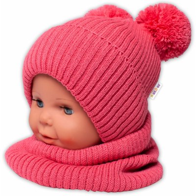 Baby Nellys Zimní pletená čepice nákrčník malinová s bambulkami – Zboží Mobilmania
