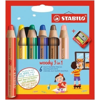 STABILO Barevná pastelka Woody 3v1 DUO pastelka vodovka voskovka 6ks + ořezávátko – Sleviste.cz
