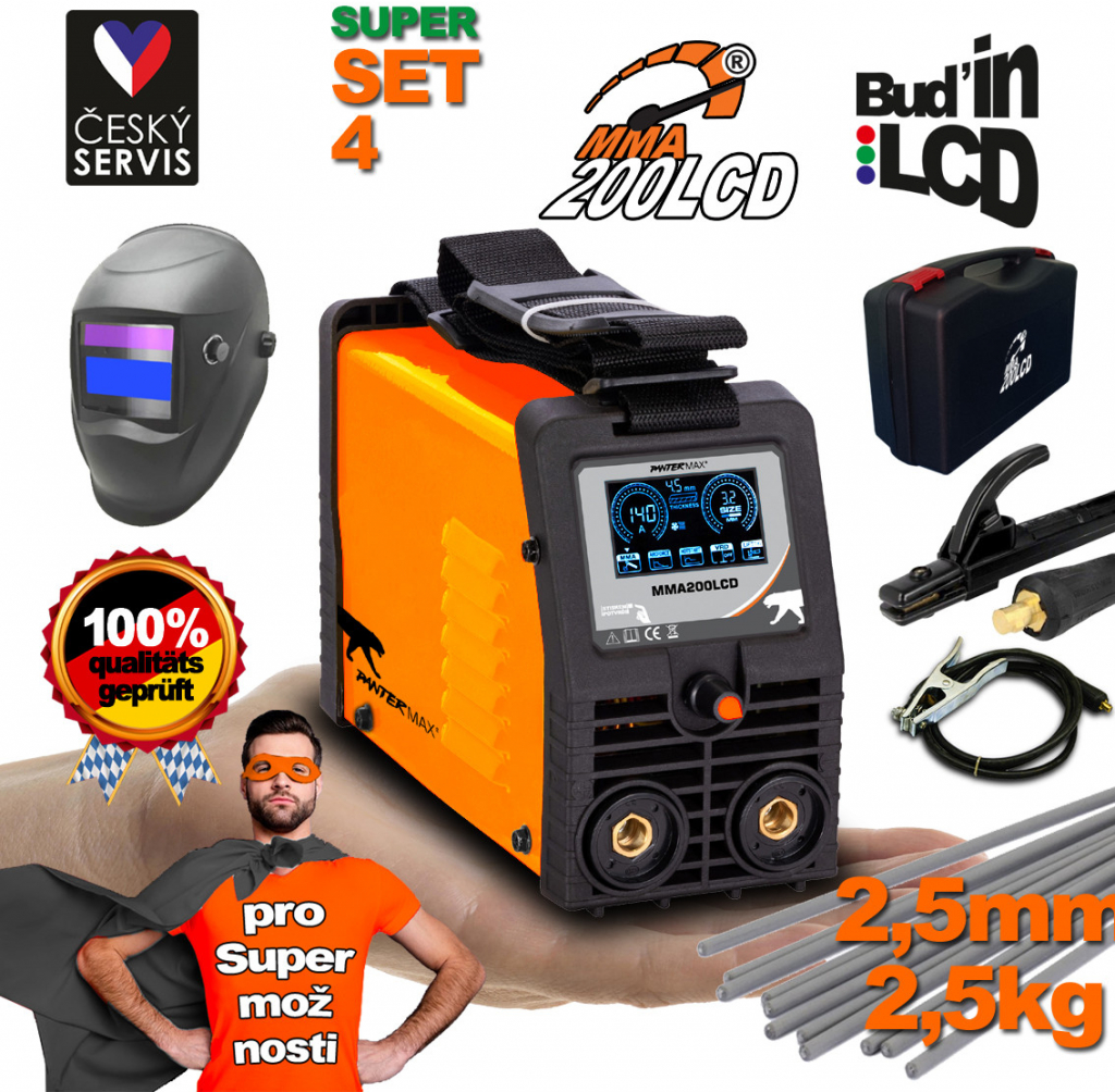 PanterMax MMA200LCD + Kabely 2m + Kukla + Plastový Kufr + Elektrody 2.5kg PMMMA200LCD_S04