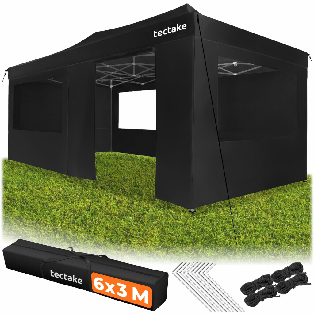 tectake 406773 skládací pavilon viola 3x6 m, hliník, 6 bočních dílů černá