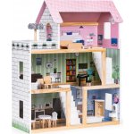 Ecotoys Dřevěný domeček pro panenky 3 patra terasa se sadou 15 kusů nábytku – Sleviste.cz