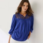 Kreponová jednobarevná halenka s macramé a 3/4 rukávy fialová – Zboží Mobilmania