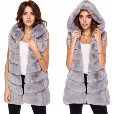 Fashion week chlupatá kožešinová vesta s kapuci Delux Exclusive MAD03 šedý – Zboží Mobilmania