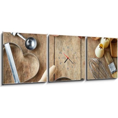 Obraz s hodinami 3D třídílný - 150 x 50 cm - kitchen utensil kuchyňské nádobí – Zbozi.Blesk.cz