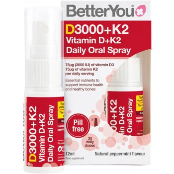 BetterYou Vitamin D 3000 IU + K2 Daily Oral Spray, Orální sprej, 12 ml