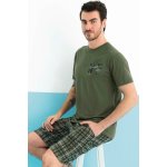 Kárované pánské pyžamo s krátkým rukávem a kraťasy s knoflíky u krku Revolution 1P1959 zelená – Zboží Dáma