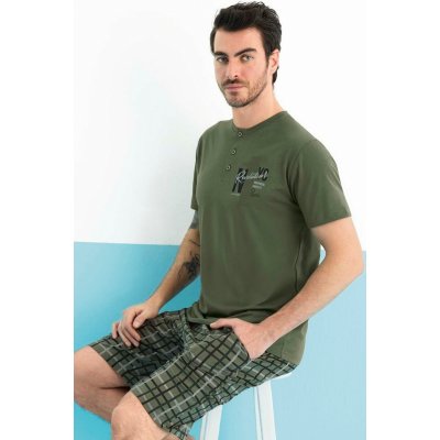 Kárované pánské pyžamo s krátkým rukávem a kraťasy s knoflíky u krku Revolution 1P1959 zelená – Zboží Dáma