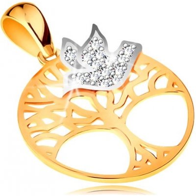 Šperky eshop Dvoubarevný přívěsek ze zlata 585 strom života v kruhu čirý zirkonový ptáček GG195.29