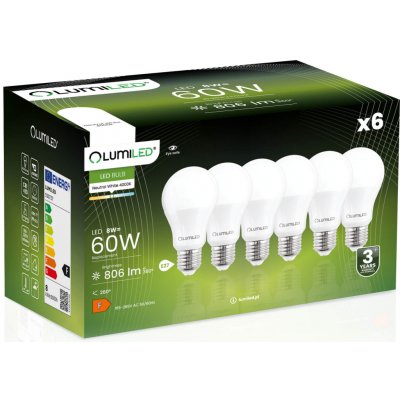 Lumiled 6x LED žárovka E27 A60 8W = 60W 806lm 4000K Neutrální bílá 260° – Hledejceny.cz