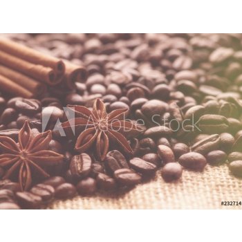 WEBLUX 232714184 Samolepka fólie Aromatic roasted coffee beans and anis or badian Aromatické pražená kávová zrna a anýzu nebo badiana, tyčinky přírodní skořice na pozad, rozměry 100 x 73 cm