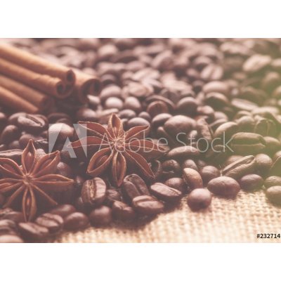 WEBLUX 232714184 Samolepka fólie Aromatic roasted coffee beans and anis or badian Aromatické pražená kávová zrna a anýzu nebo badiana, tyčinky přírodní skořice na pozad, rozměry 100 x 73 cm – Zbozi.Blesk.cz