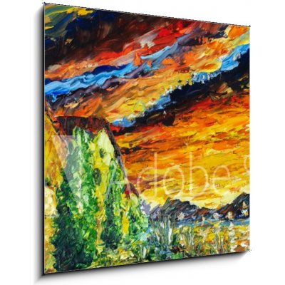 Obraz 1D - 50 x 50 cm - Impressionism oil painting landscape paint art Red sea ship, scarlet sails, sunset over mountains, yellow-red clouds with a palette knife Impresi – Hledejceny.cz