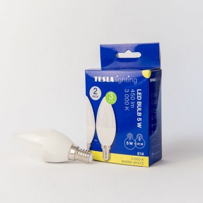 Tesla LED žárovka svíčka CANDLE E14, 5W, 230V, 450lm, 25 000h, 3000K teplá bílá, 220st 2ks