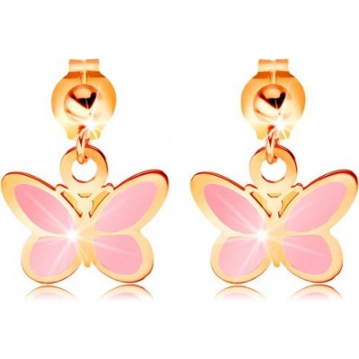 Šperky eshop zlaté náušnice lesklá kulička a visící růžový motýlek glazura GG167.03