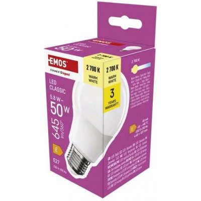 Emos LED žárovka Classic A60 E27 5,8 W 50 W 645 lm teplá bílá – Zboží Mobilmania