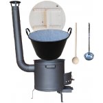 KESSEL kotel na guláš smalt 100 l zabíjačkový, KESSEL speciální žáruvzdorná kotlina PLUS 600 °C 60 cm, KESSEL poklice dřevo, KESSEL naběračka nerez INOX a vařečka 70 cm BIG PARTY – Zboží Dáma