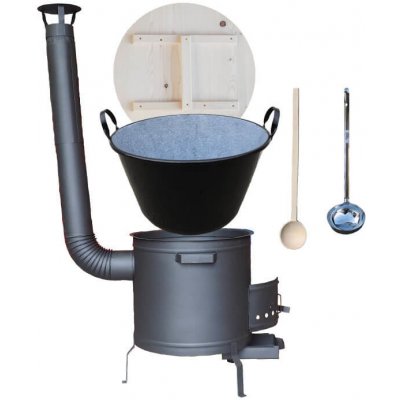 KESSEL kotel na guláš smalt 100 l zabíjačkový, KESSEL speciální žáruvzdorná kotlina PLUS 600 °C 60 cm, KESSEL poklice dřevo, KESSEL naběračka nerez INOX a vařečka 70 cm BIG PARTY – Zboží Dáma