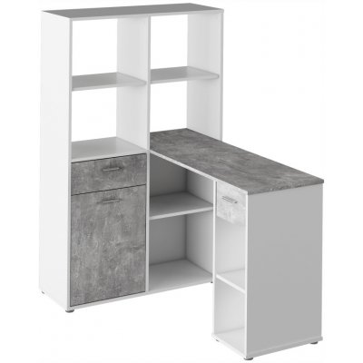 Kondela Rohový PC stůl s regálem bílá, šedá MINESON dřevotříska 90 x 124 x 145 cm – Zboží Mobilmania