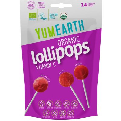 YumEarth BIO Ovocná lízátka s vitamínem C jahoda třešeň lesní plody 14 ks 87 g – Zbozi.Blesk.cz
