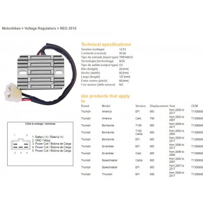 DZE regulátor napětí TRIUMPH AMERICA 790/865 02-17; BONNEVILLE 865 02-17; SCRAMBLER/SPEEDMASTER 865 02-17; TT 600 00-03 (T1300889, T1300888) (ESR547) | Zboží Auto