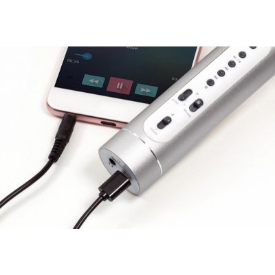 Mikrofon karaoke Bluetooth stříbrný na baterie s USB kabelem