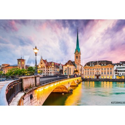 WEBLUX 272595133 Fototapeta plátno Zurich Curych Švýcarsko. Pohled na historické centrum města se slavným kostelem Fraumunster rozměry 174 x 120 cm – Zboží Mobilmania