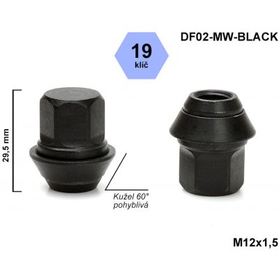 Kolová matice M12x1,5 FORD, VOLVO, kužel, pohyblivá, klíč 19, DF02-MW-BLACK uzavřená, výška 29,5