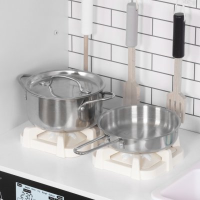 Aga4Kids Dětská dřevěná kuchyňka Hedwig XXL s digestoří pračkou a realistickými efekty Bílošedá – Zboží Mobilmania