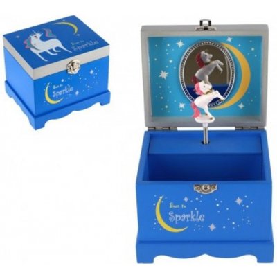 Teddies Skříňka šperkovnice jednorožec hrající na natažení dřevo odklápěcí vrch modrá 12,5x10,5cm v krabičce – Zboží Dáma